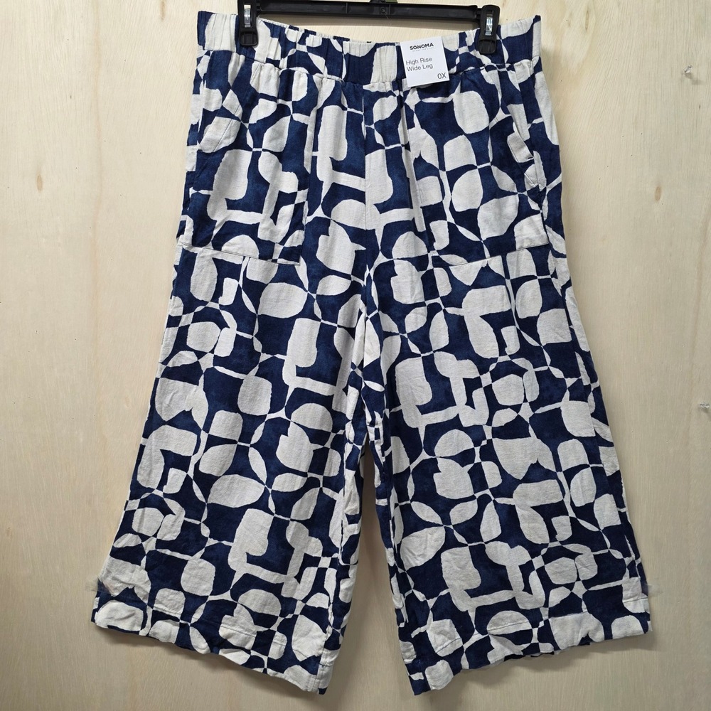 Sonoma Linen Blend High Rise Wide Leg Pants Blue White Print Plus Size 0X